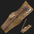 Handcrafted Ornate Axe with Purple Brown Wrapped Handle and Silver Decorative Head on Wooden Log