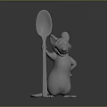 White Mouse Character Standing Holding Big Spoon With Hand On Hip Against Dark Background