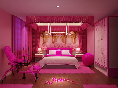 Romantic Pink Hotel Room With Canopy Bed Rose Petals And Pink Chair 3d model
