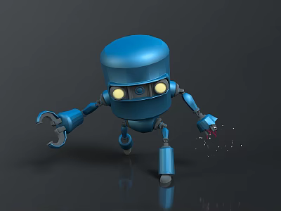 Blue Robot Character Design With Dome Head Yellow Eyes Mechanical Claw Arms And Sparks 3d model