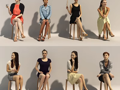 Multiple Women Sitting on Wooden Chairs in Different Fashion Outfits and Poses 3d model