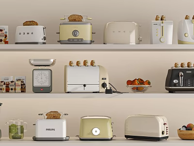 Stylish Kitchen Appliances Display With Assorted Toasters On Shelves And Food 3d model