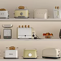 Stylish Kitchen Appliances Display With Assorted Toasters On Shelves And Food