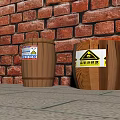 Two Wooden Barrels With Warning Labels Against Red Brick Wall On Stone Pavement