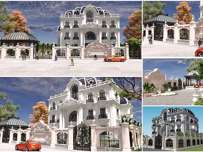 Detached Villa Classic Exterior Design With Arched Windows Balconies Garden And Red Car On Driveway 3d model