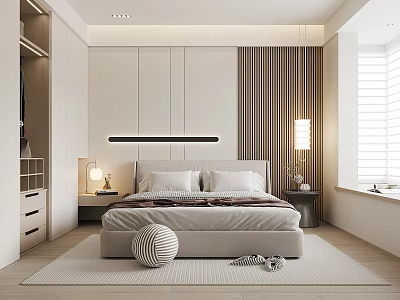 Modern Minimalist Bedroom Interior With White Wardrobes Wooden Striped Wall Bedside Lamps And Rug 3d model