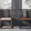 Chinese Style Wooden Armchairs With Beige And Brown Cushions Against Dark Paneled Walls