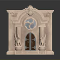 Pink Carved Entrance Gate Featuring Arched Window Double Doors And Flanking Statues