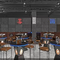 Modern Bar Interior With Blue Lit Backdrop Round Counters Black Chairs Neon Accents