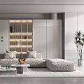 Modern Minimalist Living Room Interior With Light Gray L Shaped Sofa Floor Lamp And Lit Bookshelf