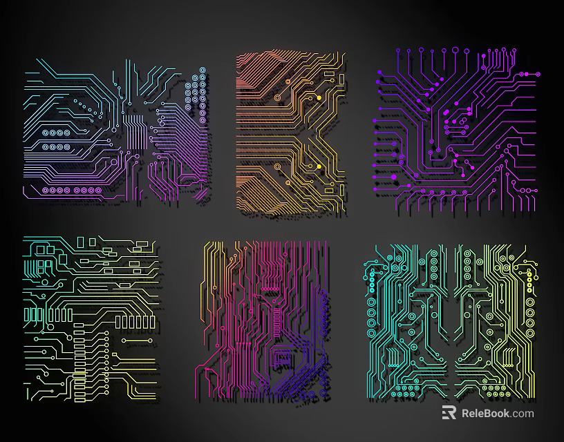 Colorful Circuit Board Line Art Designs With Vibrant Patterns And Elements 3d model