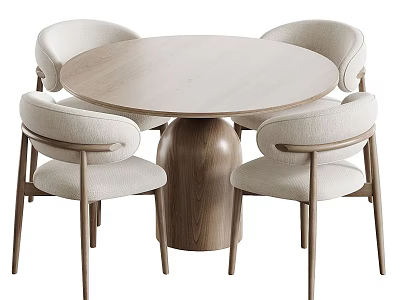 Modern Round Dining Table Set with Four Upholstered Chairs Light Colored Tabletop and Wooden Leg 3d model