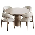 Modern Round Dining Table Set with Four Upholstered Chairs Light Colored Tabletop and Wooden Leg