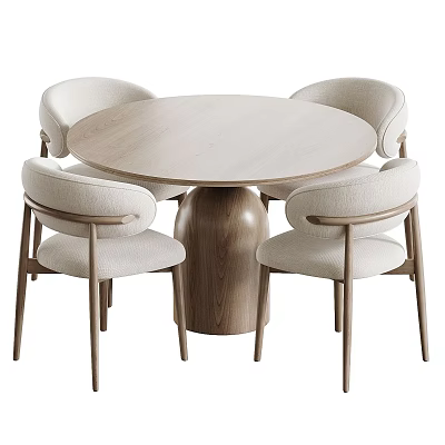 Modern Round Dining Table Set with Four Upholstered Chairs Light Colored Tabletop and Wooden Leg 3d model