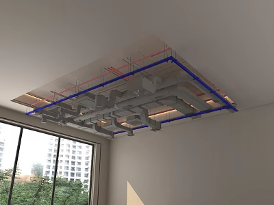 Interior Suspended Ceiling Structure with Metal Framework Pipes and Recessed Lighting 3d model