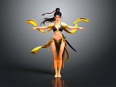 Woman in black yellow outfit with tied hair flowing yellow ribbons arms outstretched gray background 3d model