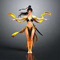 Woman in black yellow outfit with tied hair flowing yellow ribbons arms outstretched gray background