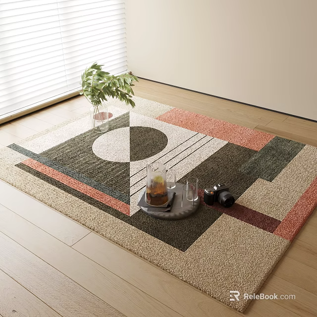 Square Area Rug With Modern Geometric Patterns On Wooden Floor With Tray And Green Plant 3d model 