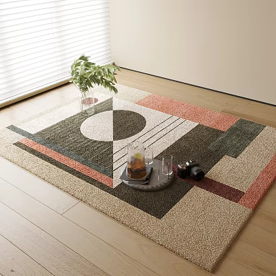 Square Area Rug With Modern Geometric Patterns On Wooden Floor With Tray And Green Plant 3d model