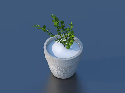 Bonsai Potted Plant with Fresh Green Leaves in Carved Stone Pot on Dark Smooth Surface 3d model