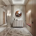Elegant Entryway Interior With Marble Walls Round Decorative Mirror And Wooden Storage Bench