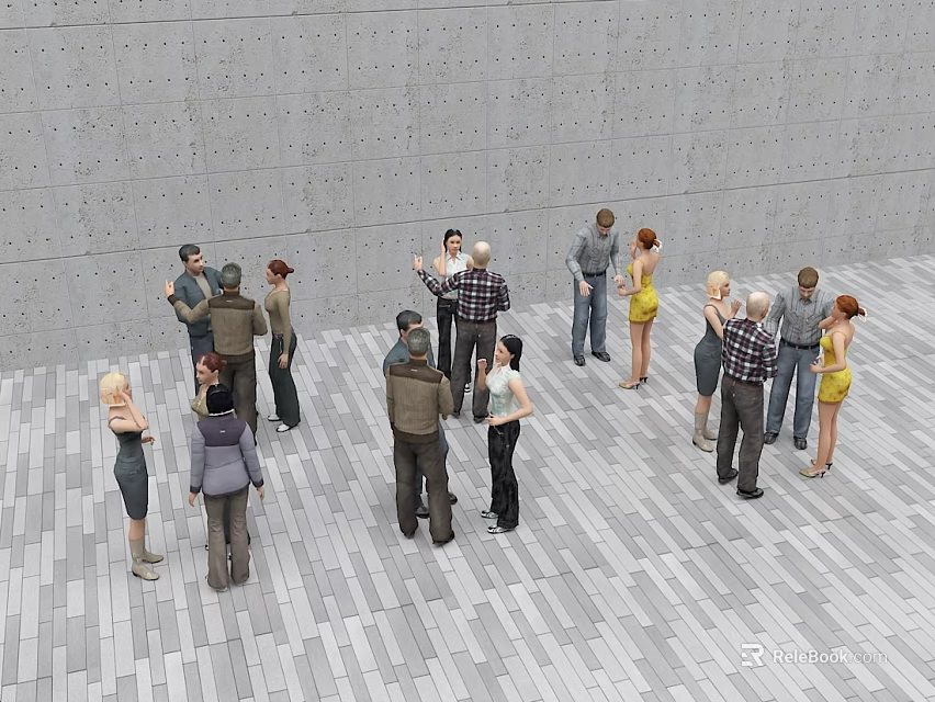 Group of People Gathered in Indoor Space with Gray Wall and Striped Floor 3d model 