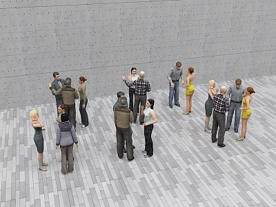 Group of People Gathered in Indoor Space with Gray Wall and Striped Floor 3d model
