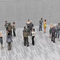 Group of People Gathered in Indoor Space with Gray Wall and Striped Floor