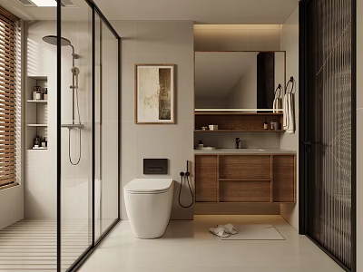 Modern Bathroom Interior With Glass Shower Wooden Vanity Mirror And Decorative Painting 3d model
