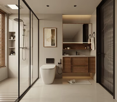Modern Bathroom Interior With Glass Shower Wooden Vanity Mirror And Decorative Painting 3d model