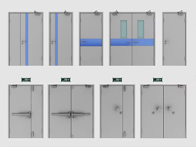 Various Door Designs Including Single Double With Stripe Panels And Green Labels 3d model