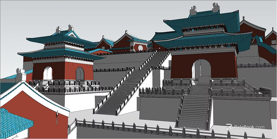 Traditional Ancient Chinese Architecture Exterior With Blue Roof Red Walls And Stone Steps 3d model 