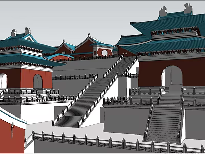 Traditional Ancient Chinese Architecture Exterior With Blue Roof Red Walls And Stone Steps 3d model