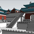 Traditional Ancient Chinese Architecture Exterior With Blue Roof Red Walls And Stone Steps