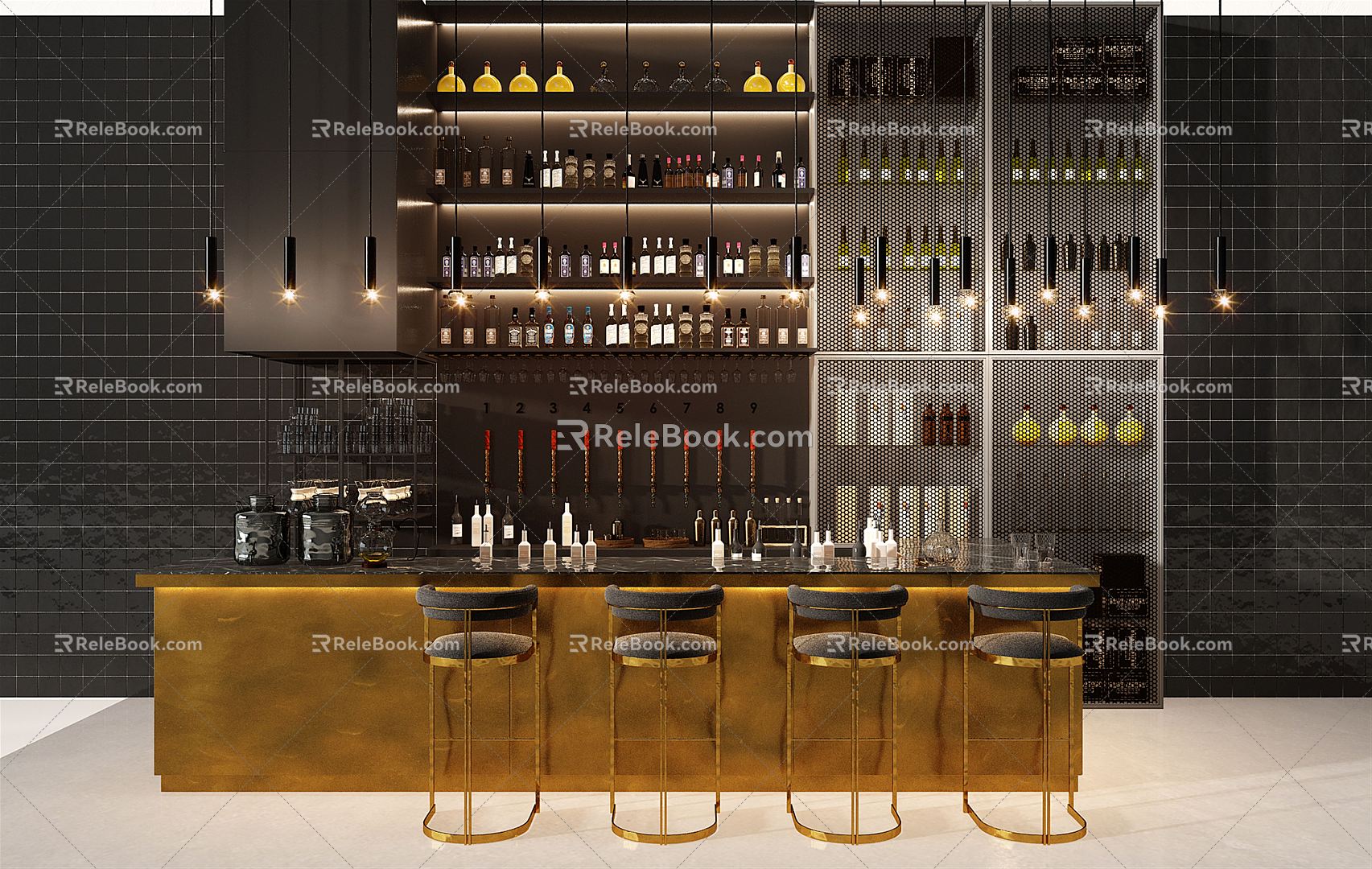 Industrial LOFT Bar Chair Combination Bar Bar Counter Water Bar Counter Bar Chair Wine Cabinet Wine Bottle 3d model