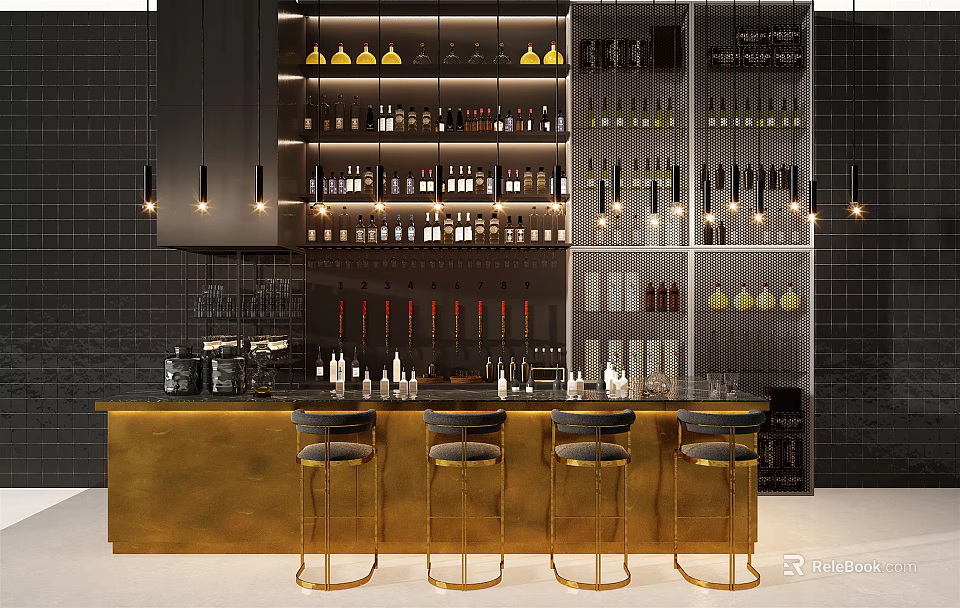 Modern Golden Bar Counter with Black Wall Wine Racks Hanging Lights and Black Stools 3d model 