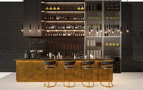 Industrial LOFT Bar Chair Combination Bar Counter Water Bar Counter Bar Chair Wine Cabinet Wine Bottle 3d model