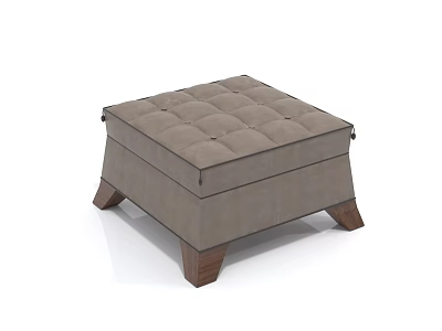 Square Tufted Upholstered Stool with Light Gray Fabric and Brown Wooden Legs 3d model