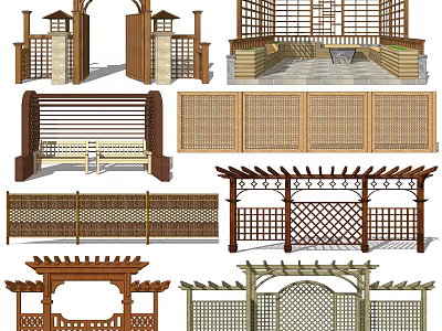 Various Wooden Pergola Designs With Lattice Top Seating Arch Structures And Railings 3d model