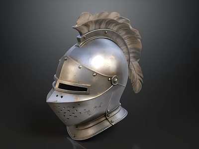 Silver Medieval Helmet With Feather Decoration On Dark Background 3d model