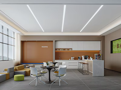 Modern Office Break Room Interior with Large Windows Orange Wall and White Cabinets 3d model
