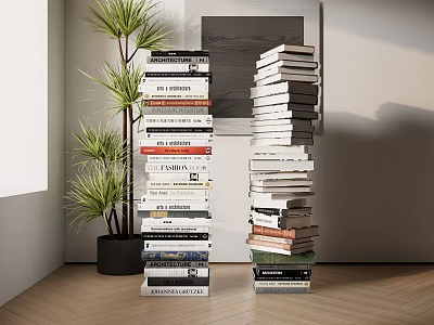 Stacked Books And Magazines In Modern Room Interior With Green Plant And Wooden Floor 3d model