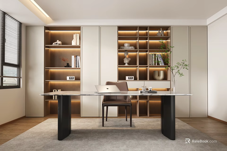 Modern Study Room Interior With Spacious Desk Bookshelves Books And Potted Plant Decorations 3d model 