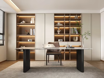 Modern Study Room Interior With Spacious Desk Bookshelves Books And Potted Plant Decorations 3d model