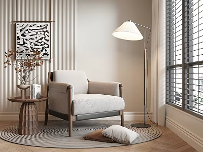 Modern Living Room With Armchair Abstract Painting Floor Lamp Wooden Table Round Rug And Pillow 3d model