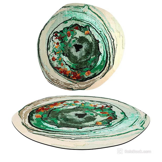 Elegant Round Rug With Green White Swirl Patterns And Red Accents 3d model 