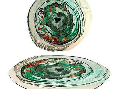 Elegant Round Rug With Green White Swirl Patterns And Red Accents 3d model