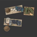 Household Items Storage Display With Folded Clothes Wicker Baskets And Wooden Crates On Tables