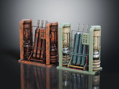 Industrial Style Building Equipment Models With Rusty Red And Light Green Metal Frames 3d model