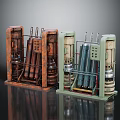 Industrial Style Building Equipment Models With Rusty Red And Light Green Metal Frames